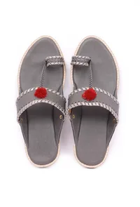 Grey & Silver Pom Pom Cruelty-Free Leather Sandals image 2