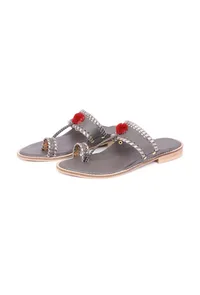 Grey & Silver Pom Pom Cruelty-Free Leather Sandals image 3