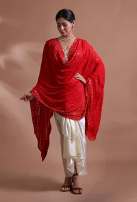 Red Color Cotton Georgette Embroidered Dupatta image 1