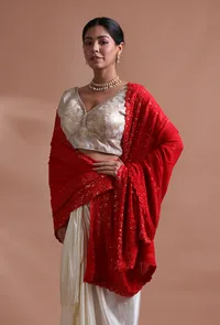 Red Color Cotton Georgette Embroidered Dupatta image 4