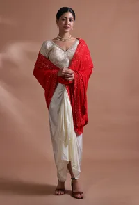 Red Color Cotton Georgette Embroidered Dupatta image 5