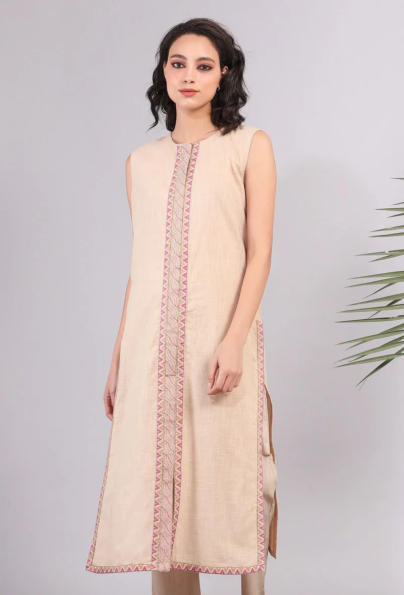 Beige Kantha Embroidered Front Slit Kurta