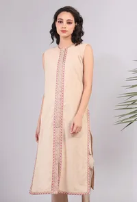 Beige Kantha Embroidered Front Slit Kurta image 1