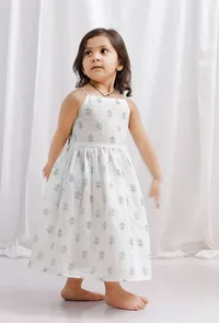 Green Block Printed Cotton Flared Dress image 1