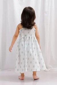 Green Block Printed Cotton Flared Dress image 3