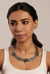 Elegant Green Stone Embellished Hasli And Earring Set image 2