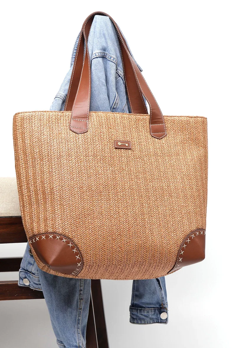 Tortilla Rafia Weave Brown Tote Bag
