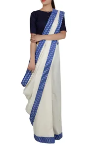 Off White Cotton and Blue Iakt Bordered saree image 1