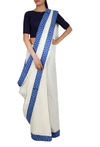 Off White Cotton and Blue Iakt Bordered saree image 2