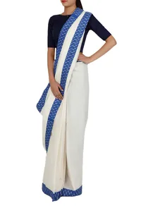 Off White Cotton and Blue Iakt Bordered saree image 3