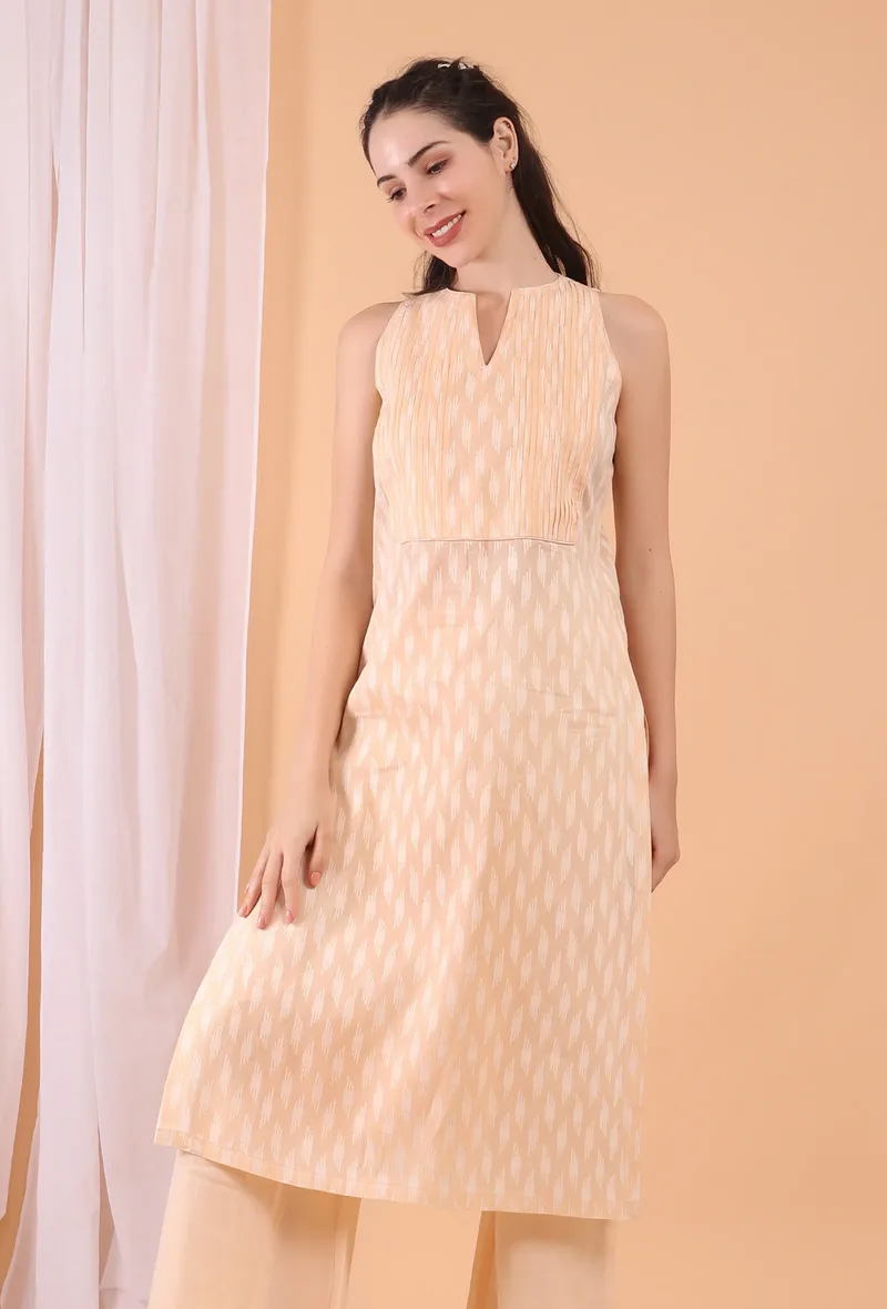 Peach Pintuck Cotton Kurta