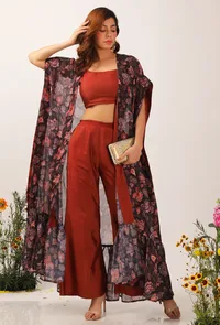 Set Of 3: Zoon Floral Chintz Front Open Cape With Rust Strappy Blouse & Palazzo Pants image 1