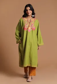 Light Olive Green Aari Embroidered Kashmiri Phiran-Free Size image 1
