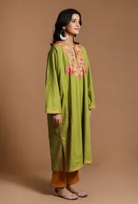 Light Olive Green Aari Embroidered Kashmiri Phiran-Free Size image 2