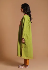Light Olive Green Aari Embroidered Kashmiri Phiran-Free Size image 3