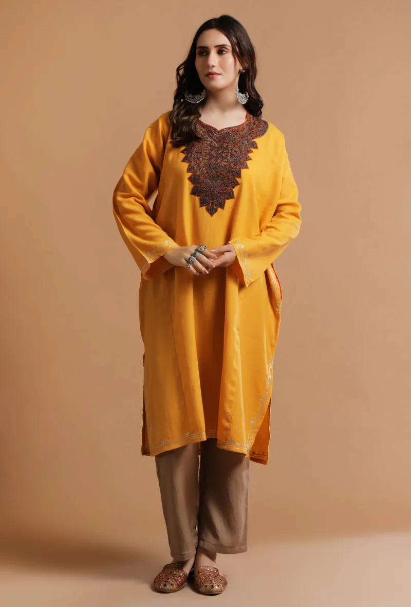Cadmium Orange Kashmiri Sozni Embroidery Phiran-Free Size