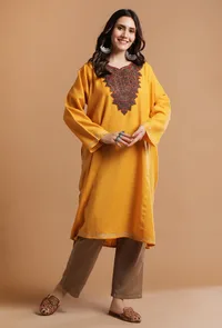 Cadmium Orange Kashmiri Sozni Embroidery Phiran-Free Size image 2