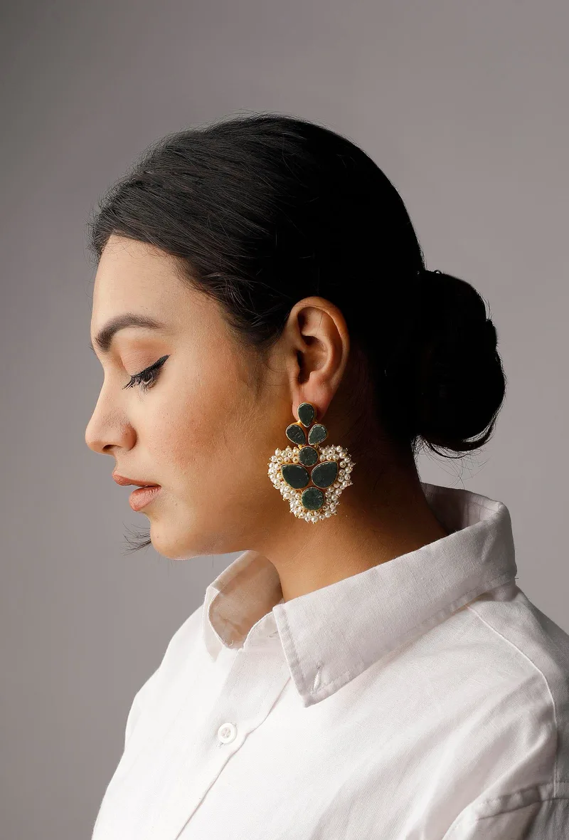 Pine Green Gold Stone Pearl Earrings
