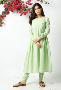 Set of 3: The Easy Going Light Green Cotton Kurta with Matching Dupatta and Chooridar image 2