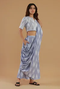 Powder Blue Ikat Handwoven Cotton Saree (Does not include Top and Pants) image 1