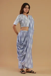 Powder Blue Ikat Handwoven Cotton Saree (Does not include Top and Pants) image 2