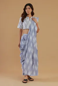 Powder Blue Ikat Handwoven Cotton Saree (Does not include Top and Pants) image 3