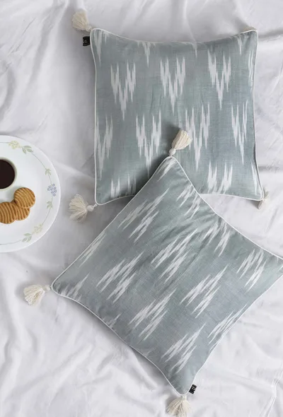 Set of 2: Slate Blue Ikat Cotton Cushion Covers
