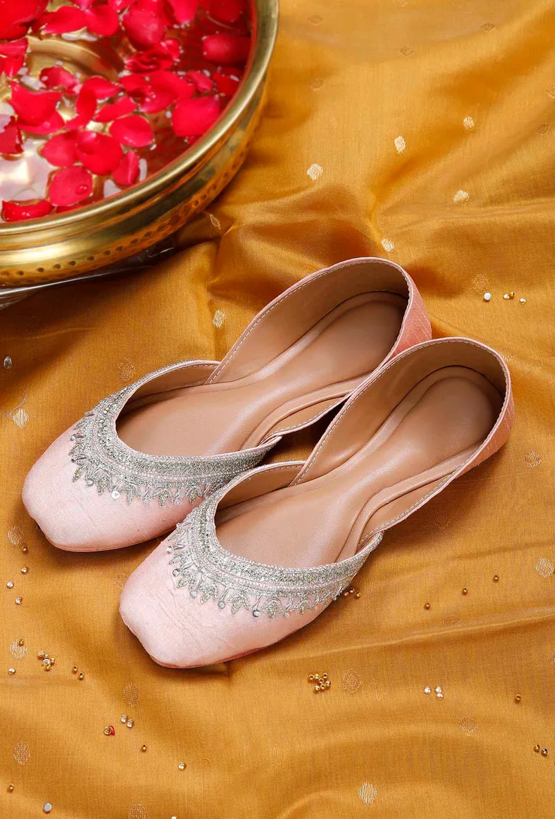 Baby Pink Embroidered Silk Juttis