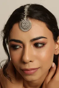 Oxidized German Silver Designer Square Bead Lightweight Maangtikka image 1