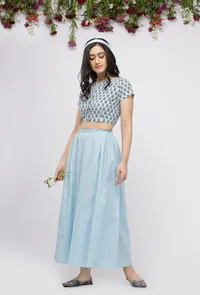 Set of 2 : Blue  Hand-Block Printed Cotton Blouse Paired with plain Cotton Culottes image 1