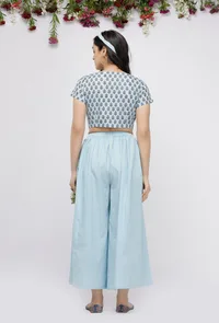 Set of 2 : Blue  Hand-Block Printed Cotton Blouse Paired with plain Cotton Culottes image 4