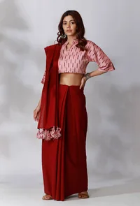 Maroon Saree With Ikkat Tassels image 1