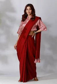 Maroon Saree With Ikkat Tassels image 3