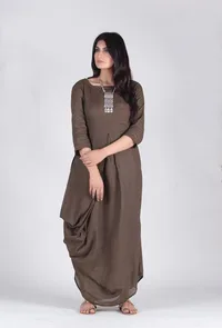 Olive green cotton linen maxi dress image 1