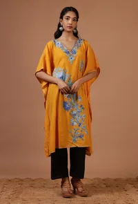 Orange Yellow Cotton Crush Ari Embroidered Kaftan- Free Size image 2