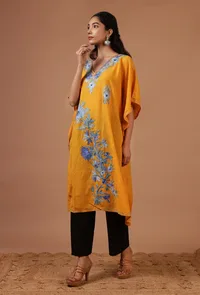 Orange Yellow Cotton Crush Ari Embroidered Kaftan- Free Size image 3