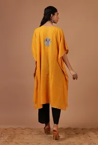 Orange Yellow Cotton Crush Ari Embroidered Kaftan- Free Size image 4
