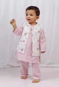 Set of 3: Pink striped Cotton Kurta and Pajama with Pink Striped Floral Nehru Jacket image 1