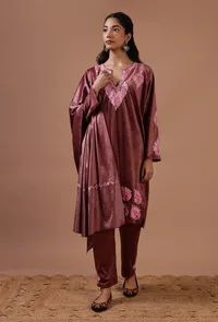 Rosy Finch Velvet Ari Embroidered Kurta, Pant And Dupatta Set- Free Size image 1