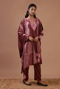 Rosy Finch Velvet Ari Embroidered Kurta, Pant And Dupatta Set- Free Size image 2