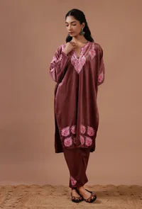 Rosy Finch Velvet Ari Embroidered Kurta, Pant And Dupatta Set- Free Size image 3