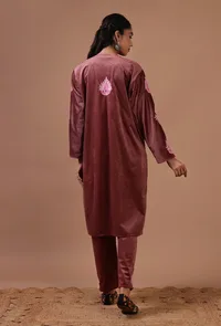 Rosy Finch Velvet Ari Embroidered Kurta, Pant And Dupatta Set- Free Size image 4