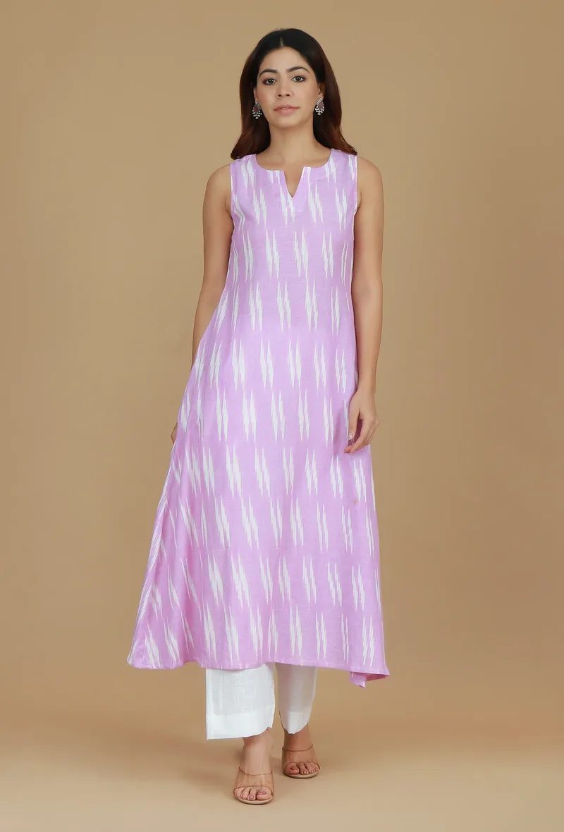 Lavender Ikat Sleeveless Cotton Kurta
