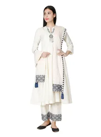 3-Piece (Anarkali, Palazzo, Dupatta) Ivory-Blue Cross Stitch Voile Mulmul Cotton Set image 1