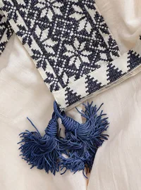 3-Piece (Anarkali, Palazzo, Dupatta) Ivory-Blue Cross Stitch Voile Mulmul Cotton Set image 4