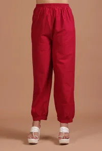 Set Of 2: Red Cotton Plain Kurta & Pant Set image 4