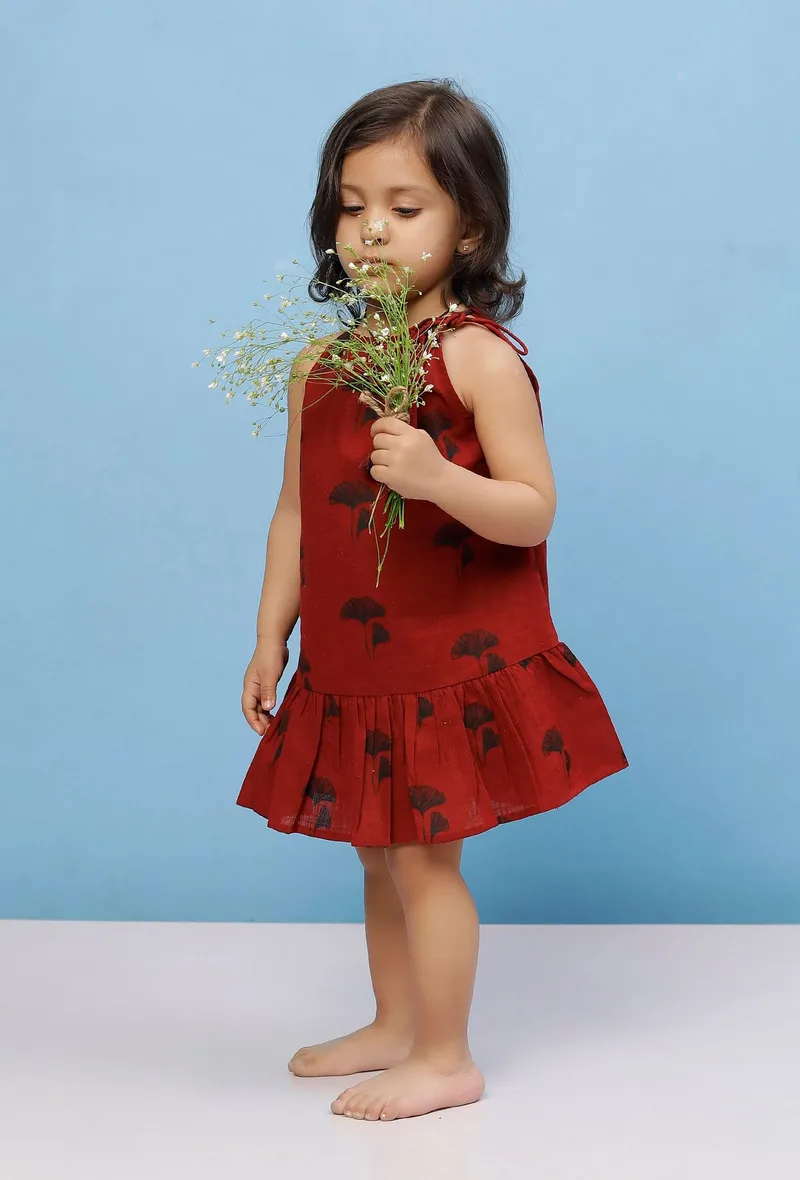 Maroon Cotton Slub Block Printed Tie Up Gathered Dress