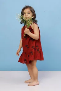 Maroon Cotton Slub Block Printed Tie Up Gathered Dress image 2