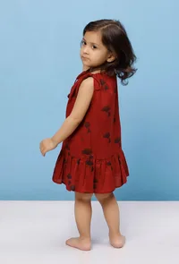 Maroon Cotton Slub Block Printed Tie Up Gathered Dress image 3