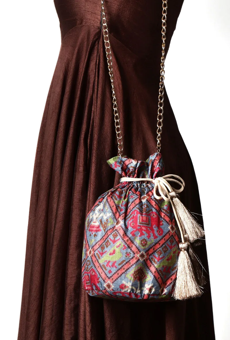 Estaa Blue & Multi Silk Patola Print Potli With Tassels